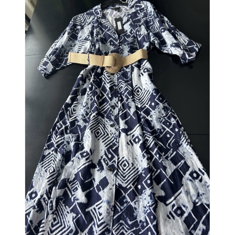 New Donna Karan Linen Blend Blue Print Midi Dress 6 Belt Pockets Collar V-neck